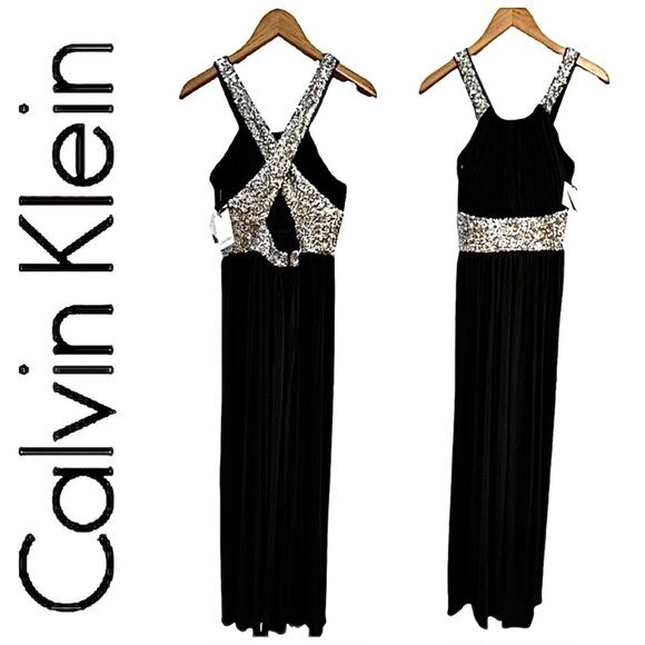 CALVIN KLEIN Black with Brilliant Silver Sequin Halter Maxi Dress NWT SZ 8 - Picture 1 of 17